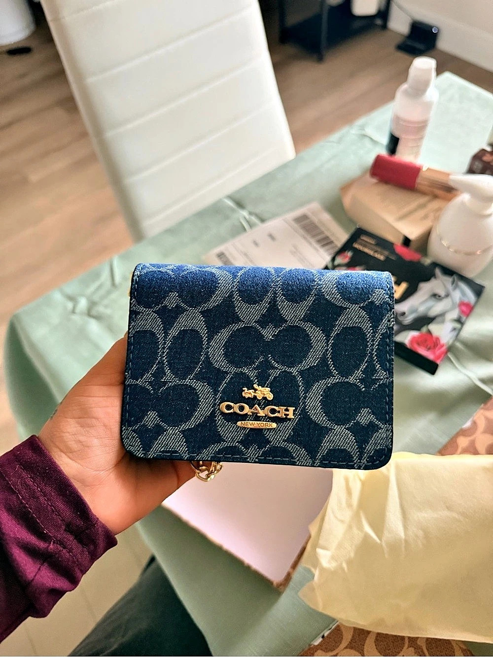 Coach Snap Wallet In Signature Canvas Blue & Brown